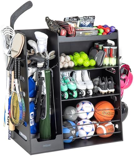 GoSports Premium Wooden Sports Equipment Organizer with Storage Hooks - Golf Bag Rack and Multi-Sport Ball Bin for Garage by GoSports