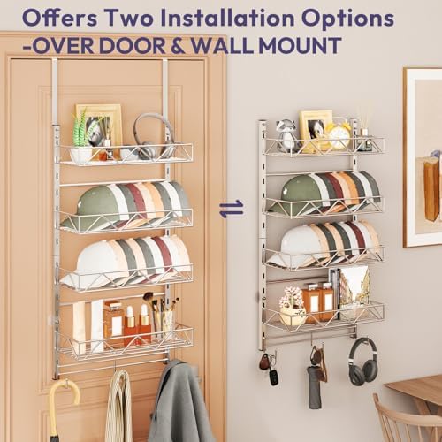 SWTYMIKI Over Door Hat Organizer - 5 Tier Wall Mounted Hat Rack with 4 Adjustable Metal Basket Heights Design and 3 Hooks, Baseball Cap Organizer Storage Holds up to 49 Caps for Door, Bedroom, Closet - Image 5