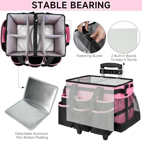 Large Rolling Cleaning Caddy Bag with Detachable Trolley,Cleaning Cart on Wheels with Shoulder Strap,Cleaning Supplies Organizer for Housekeepers,PInk - Image 2