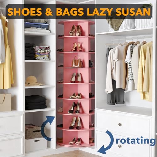 SpaceAid 8 Tier Rotating Shoe Rack Tower, Spinning Shoe Display Lazy Susan, Revolving 360 Shoe Rack Storage Round Carousel, Vertical Handbag Rotate Shoes Closet Organization (8-Tier Pink) - Image 4