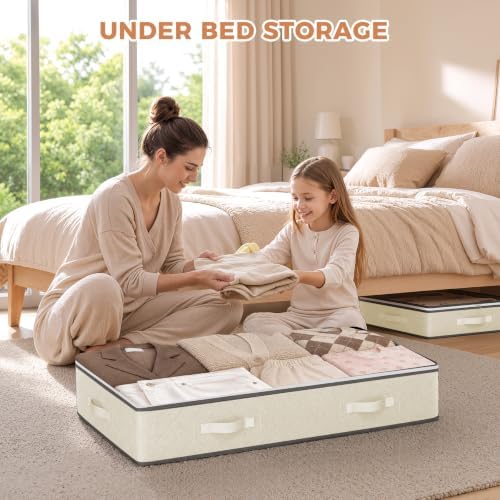 Budding Joy 4 Pack Under Bed Storage Containers with Clear Lids, Beige | Underbed Storage Bags for Blankets, Towels, Comforter, Sweaters, Linen Sheets, Wrapping Paper - Image 2