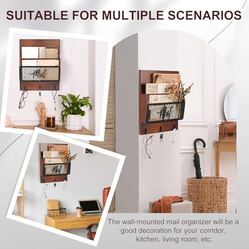 Yalikop Farmhouse Mail Organizer Wall Mounted Rustic Mail Holder Hanging Key Sorter with 3 Hooks Indoor Wooden Wall Mounted, Letter, Magazines, Newspapers, Keys (Classics,Dark Brown) - Image 6