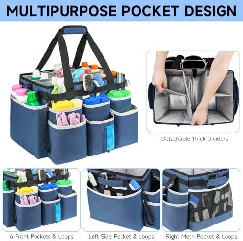 Large Rolling Cleaning Caddy Bag with Detachable Trolley,Cleaning Cart on Wheels with Shoulder Strap,Cleaning Supplies Organizer for Housekeepers,Blue - Image 3