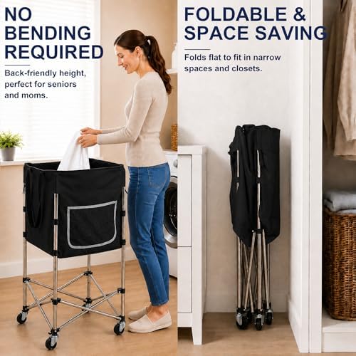 Laundry Cart with Wheels, 35.9" No-Bend Rolling Cart, Black - Image 3