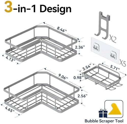 YASONIC Corner Shower Caddy Adhesive, 100% Rustproof Shower Organizer with Soap Holder, No Drill Shower Shelf for Inside Shower, Wall-Mounted Shower Storage for Homes (3 Pack, Grey) - Image 2