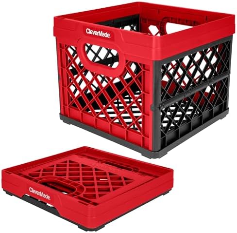 CleverMade Collapsible Milk Crate, Red, 1PK - 25L (6 Gal) Stackable Storage Bins, Holds 50lbs Per Bin - Clevercrates are Heavy Duty, Plastic Collapsible Storage Crate for Multi Purposes by CleverMade