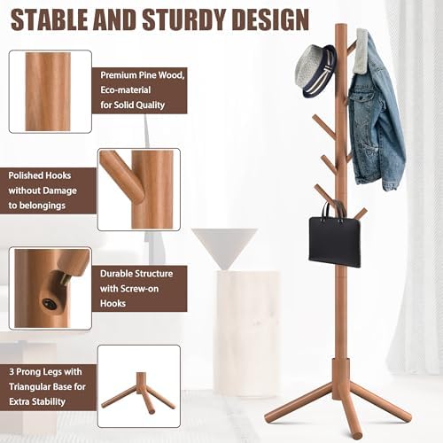 Wooden Coat Rack Free Standing with 8 Hooks 3 Adjustable Coat Tree,2 PCS - Image 3
