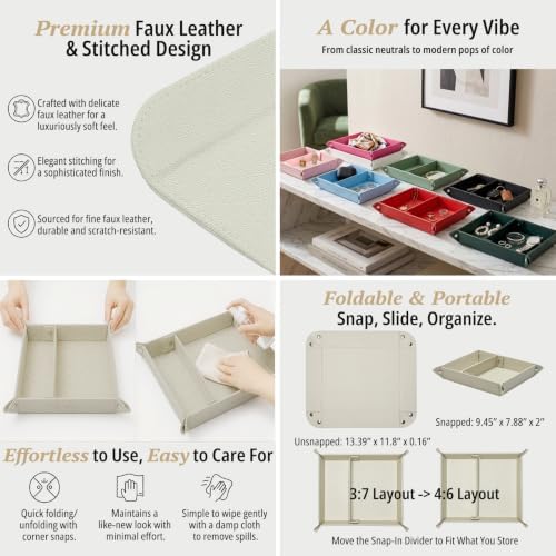 UnionBasic Medium Jewelry Tray for Rings Watches Earrings, Entryway Catchall Caddy for Coins Keys Change, Nightstand Bedside Valet Holder, Trays for Electronic Gadgets, Lychee Beige Plus - Image 2