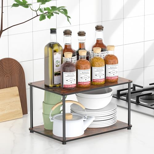 Countertop Spice Rack, Stackable Wood & Metal Pantry Cabinet Shelf Organizer Storage, 2-Tier Multi-Use for Kitchen Bathroom Desktop Home Office, Rustic Brown - Image 4