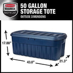 Rubbermaid Roughneck Tote 50 Gal, 2 Pack, Made in USA, Dark Indigo Metallic, Rugged Plastic Stackable Storage Bins with Lids and Handles - Image 2