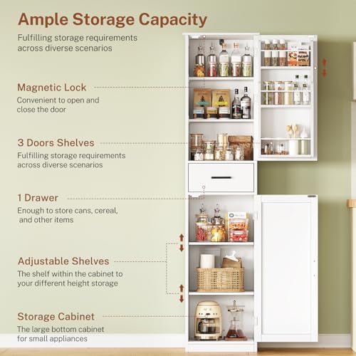 TEENFON Tall Storage Cabinet with 3 Door Shelves & 1 Drawer, Narrow Kitchen Pantry Cabinet for Living Room, Bathroom, Entryway, White - Image 5