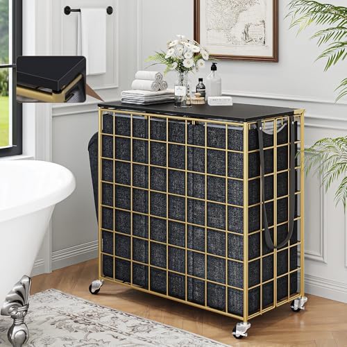 Laundry Basket with Wheels, Heavy Duty Laundry Sorter 3 Sections, 140L (37Gal.) Large Capacity Hamper with Wood Lid, 360 Rolling Wheels, Extra Side Pocket, Leather Pull Handle,Golden+Black - Image 7