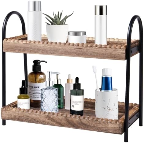 BDBDYEAY Bathroom Countertop Organizer, 2 Tier Vanity Organizer and Storage for Cosmetic Skincare Perfume, Wood Bead Storage Shelf for Bathroom Kitchen Coffee Station by BDBDYEAY
