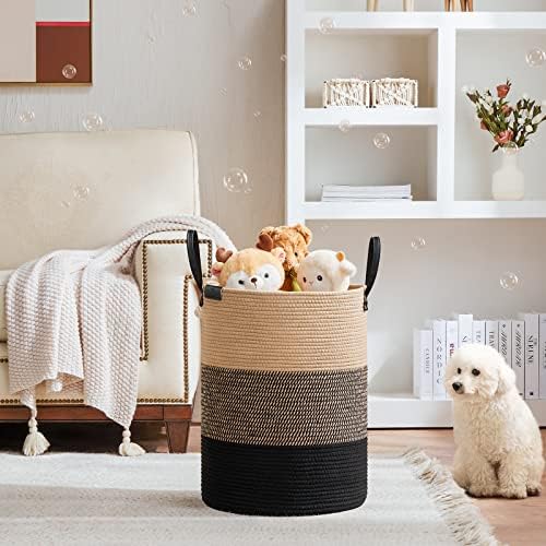 VIPOSCO 58L Tall Woven Rope Laundry Hamper, Leather Handles, Brown & Black - Image 2