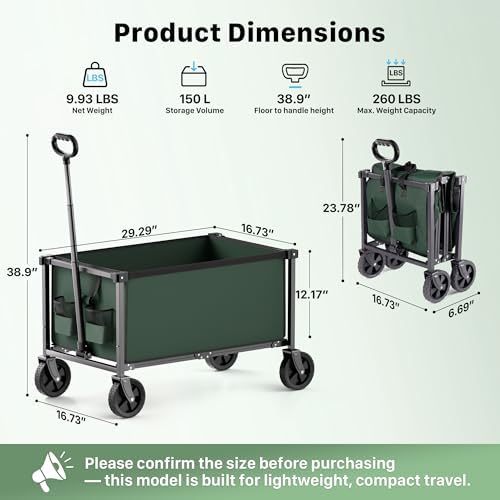 29.3" Collapsible Wagon Cart, 150L Heavy Duty Folding Utility Wagon with Wheels, 260 lbs Load, Portable Rolling Cart for Garden, Shopping, Sports, Camping, Army Green - Image 3