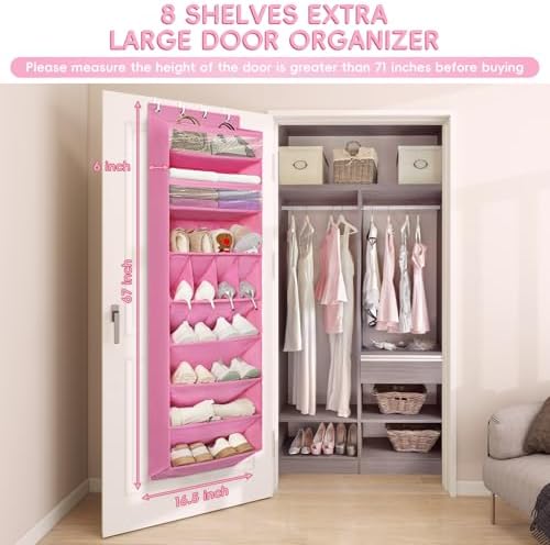 1 Pack 8 Shelves Over The Door Shoe Organizer, 68" Exlarge Deep Pockets - Image 2