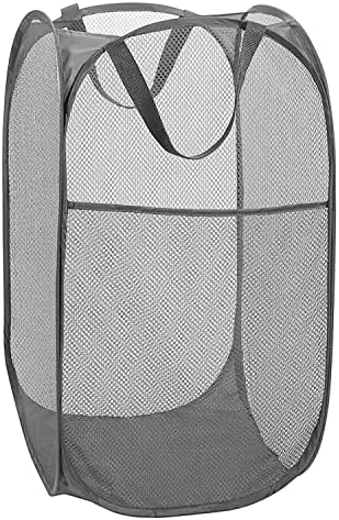 Deluxe Strong Mesh Pop up Laundry Hamper Basket with Side Pocket for Laundry Room, Bathroom, Kids Room, College Dorm or Travel Grey by BATTOO