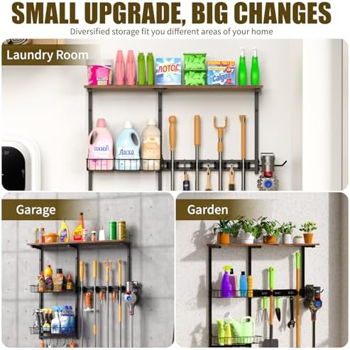 Broom Holder Wall Mount，With A Storage Basket Cleaning Tool Storage Rack - Image 5