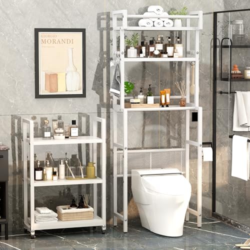 Recaceik 6-Tier Over The Toilet Storage Shelf with Cart, Freestanding Above Toilet Shelf Rack, Farmhouse Bathroom Organizer Shelves, Space Saver (White) - Image 5