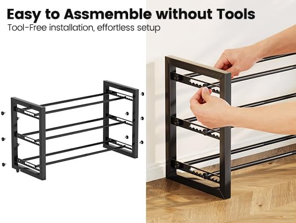 Homeiju Expandable Shoe Rack, 3 Tier Metal Shoe Shelf, Adjustable Shoe Stand for Sneakers, Boots, Heels, Heavy-Duty Steel Standing Shoe Organizer for Entryway, Closet, Bedroom, Black - Image 5
