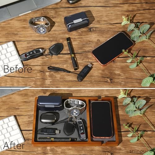 Shinpuru Wooden Valet Tray for Men, Nightstand Organizer with Leather Inlay, EDC Essentials Catchall Tray for Keys, Phone, Wallet, Watch, Earbuds - Bedside Desk Entryway Tray (Wood-Phone) - Image 5