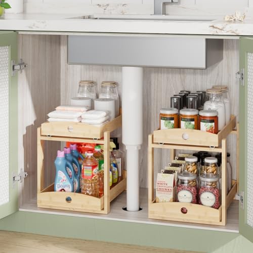 2 Pack Bamboo Under Sink Organizer, 2-Tier Pull-Out Drawers, Kitchen & Bath - Image 4