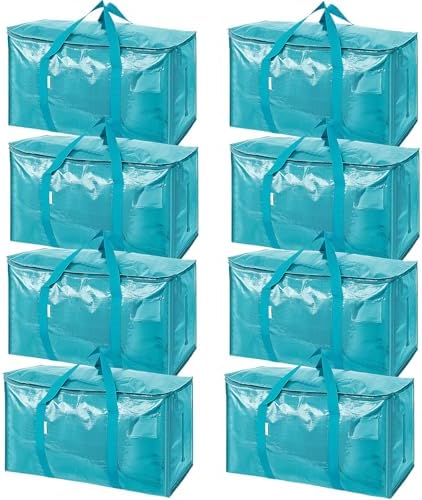 TICONN 8 Pack Extra Large Moving Bags Heavy Duty with Zippers & Carrying Handles, Durable Storage Bags Moving Boxes for Closet Organizers and Storage (8 Pack, Aqua) by TICONN
