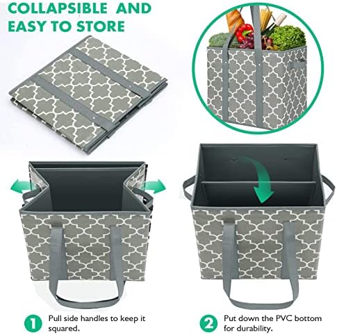 Reusable Grocery Bags 6-Pack Foldable Washable Large Storage Basket, Grey - Image 6