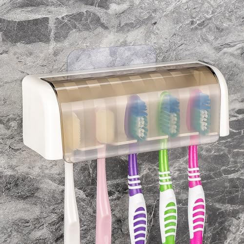 5 Slots Wall Mount Toothbrush Holder with Cover, Self Adhesive Toothbrush Storage Organizer for Shower, Toothbrush Hanger for Bathroom, Medicine Cabinet, Dorm(White + Grey) by LUEXBOX
