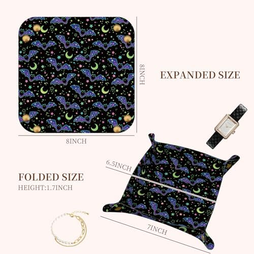 PU Leather Jewelry Valet Tray, Portable Catchall Tray for Keys, Wallet, Watch, Travel Jewelry Organizer for Nightstand Desk Entryway Home Decor Gift for Women Men Purple Bats - Image 5