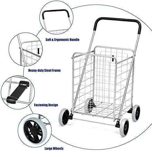 Goplus Shopping Carts for Groceries, Heavy Duty Folding Shopping Cart with Wheels, Portable Collapsible Grocery Cart, Light Weight Foldable Utility Cart for Laundry Silver - Image 4