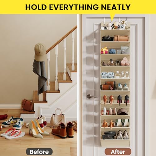 Mefirt 20-25 Pairs Over the Door Shoe Organizer, Clear Pockets Shoe Rack for Closet Door, 10-Tier Hanging Shoe Rack for Boots, Behind the Door Shoe Holder Fit All the Family's Sneakers, Heels, Beige - Image 6