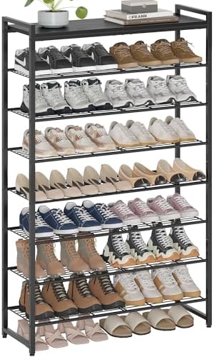 8 Tier Shoe Rack Organizer for 32-40 Pairs, Tall Metal Shoe Storage Shelf with Wood Top, Adjustable Boot Space, Narrow Design for Entryway Closet, Black by Unknown