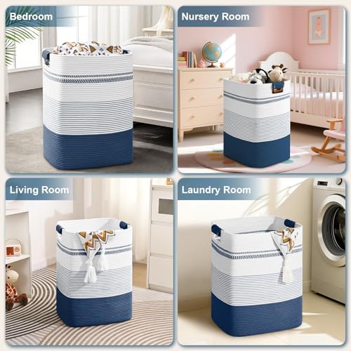 Laundry Hamper, 85L Tall Laundry Basket with Leather Handles, Rectangle Large Clothes Hamper for Organizing, Cotton Woven Laundry Baskets Storage Hampers for Bedroom, Nursery, Living Room - Image 5