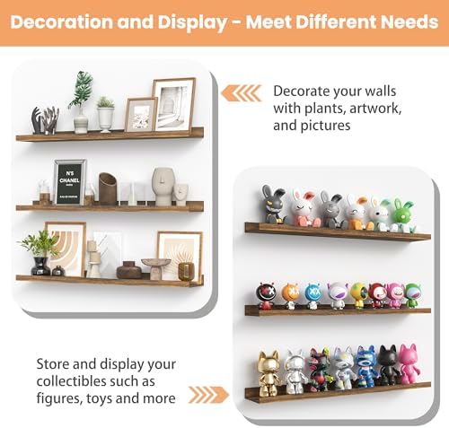 upsimples Floating Shelves for Wall Decor and Storage, Brown, 6Pcs 47.3'' - Image 6
