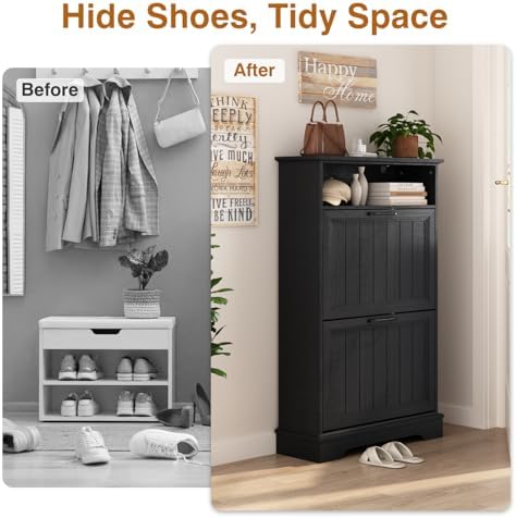 24" W Hidden Shoe Storage Cabinet with 2 Flip Drawers & Open Storage - Image 4