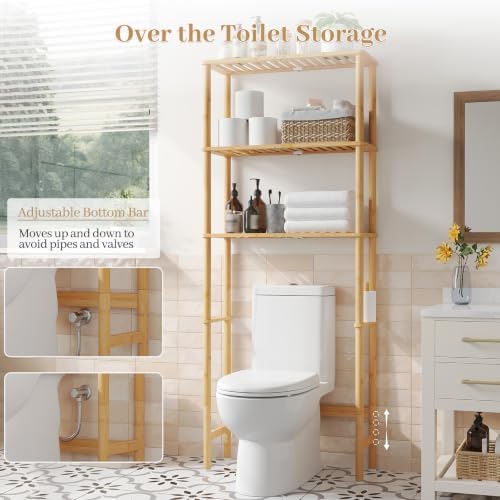 Over The Toilet Storage, Freestanding 3-Tier Bamboo Bathroom Shelves, Above Toilet Organizer for Home Washroom, Bathroom Decor (Natural) - Image 3