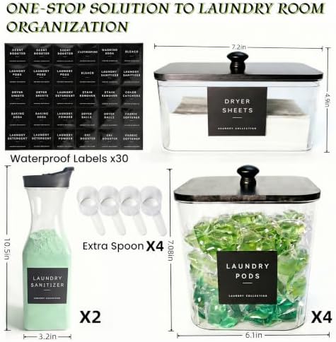 5+2 Pack Laundry Pods Containers & Dryer Sheet Holder & Laundry Detergent Dispenser, Laundry Room Organization and Storage Jars with Lids, Labels and Scoops for Scent Booster, Powder, Pods - Image 2