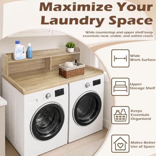 Royxen Laundry Countertop with 2-Tier Shelf Universal Fit, Washer and Dryer Countertop with Storage Space, Shelf Height 11.5 Inches, Solid Wood Core, White Oak - Image 3