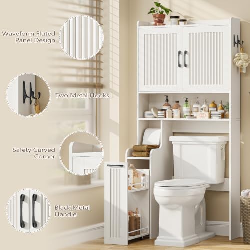 Halitaa Over The Toilet Storage Cabinet with Pulley, Space Saver Fluted Bathroom Organizer with Open Shelves, Anti-Tipping, Toilet Paper Holder Stand Toilet Rack for Bathroom, Laundry（White） - Image 7