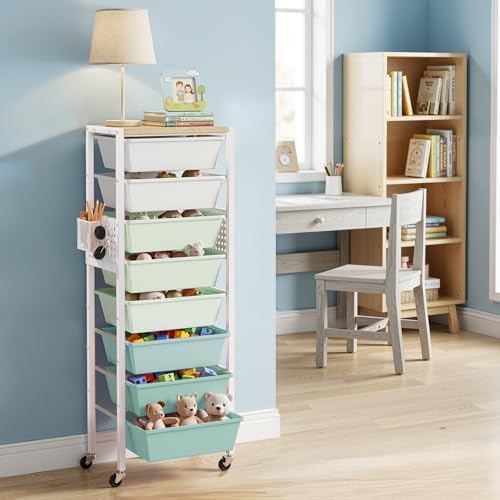 Rolling Cart with Drawers, Rolling Storage Cart with Large Plastic Drawers & Wooden Tabletop, Utility Cart with Pegboards & Basket, Storage Drawers Cart for Living Room, Classroom, Bedroom, Office by Unknown