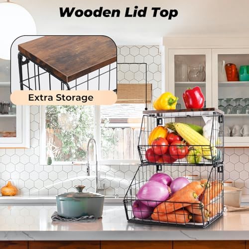 Wawocs 2 Tier Stackable Wall Mounted Hanging Basket, Fruit Basket for Kitchen Counter, Storage Bin with Wood Lid, Onion Storage, Fruit and Vegetable Storage, Countertop Organizer - Image 2