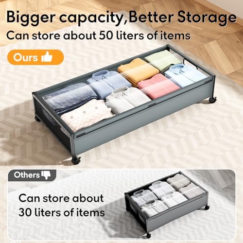 Under Bed Storage Containers with Wheels 2 Pack Underbed Shoe Storage Bedroom Storage Bins Organizer Large Capacity Under Bed Storage with Lid for Clothes Shoes Toys Blankets (Cyan-gray) - Image 3
