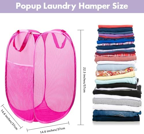 2 Pack Pop Up Laundry Hampers, 70 L Collapsible Foldable Mesh Basket, Pink - Image 2