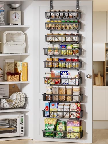 Delamu Adjustable Over the Door Pantry Organizer, 9-Tier Metal Pantry Organization and Storage for Kitchen, Hanging Spice Rack Seasoning Shelves, Cabinet Door Organizer for Easy Install, 16" Black by DELAMU