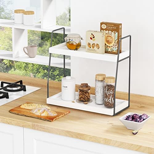 Forbena 2 Tier Bathroom Counter Organizer, White and Grey Coffee Bar Organizer for Countertop, Wood Shelf Tray for Vanity Makeup Storage, Small Kitchen Sink Top Organizers for Coffee Bar Station - Image 3