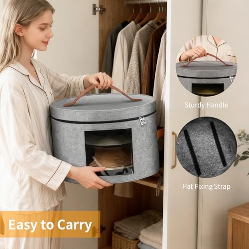 Samplife Hat Box,Hat Storage Box,Stackable Round Brim Hats Organizer Bag Container for Closet,Travel Hat Boxes for Women, Cowboy Hat Organizer, FoldableTravel Cap Boxes (01-Grey, 16.5" D x 10.5" H) - Image 4