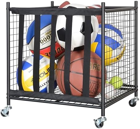 Snail Garage Sports Equipment Storage Organizer Sports Ball Storage Rolling Cart with Basket and Hooks Lockable Sports Ball Cage Storage Rack for Garages, Playgroup, Gym and Schools, Black by SNAIL