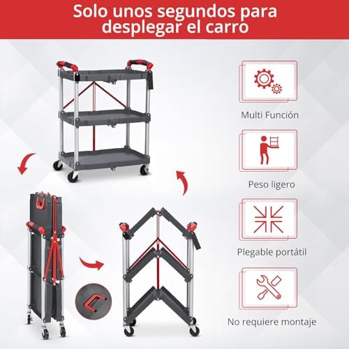 Takywep 3-Tier Foldable Utility Cart, Heavy Duty Collapsible Service Cart with 360° Swivel Wheels, Rolling Storage Trolley for Kitchen Garage Office - Grey - Image 3
