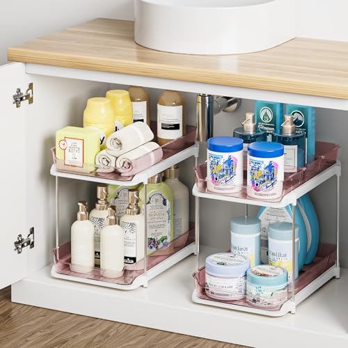 Delamu 2-Tier Multi-Purpose Bathroom Under Sink Organizers and Storage, Stackable Kitchen Pantry Organization, Pull Out Medicine Cabinet Organizer with Movable Dividers, Light Pink, 2 Pack by DELAMU